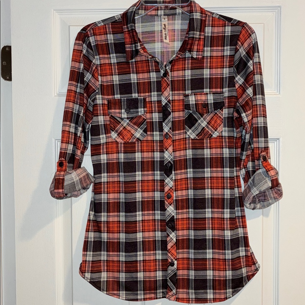 White Mark Couture Collection Flannel Shirt, Red, Gray & White Plaid, Size Small